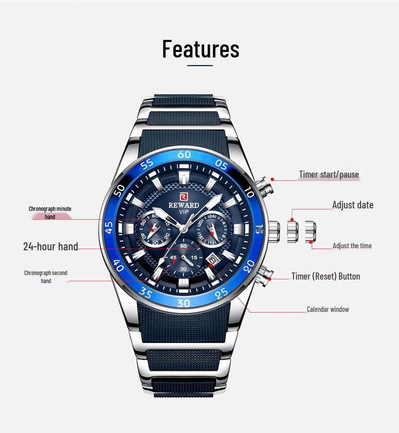 Reward Multifunktionale Leuchtende Wasserdichte Herren Sportuhr mit Kalender und Massivstahlband (Modell RD81011M)