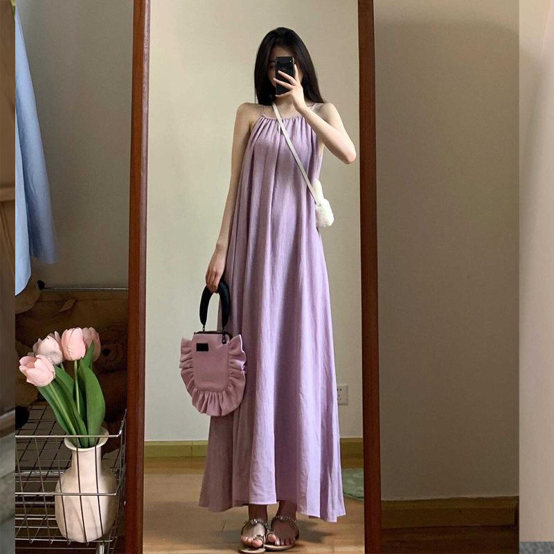 Purple Loose Suspender Dress Women's Summer New Vacation Gentle Long Dress Chic Sleeveless a Word Skirt