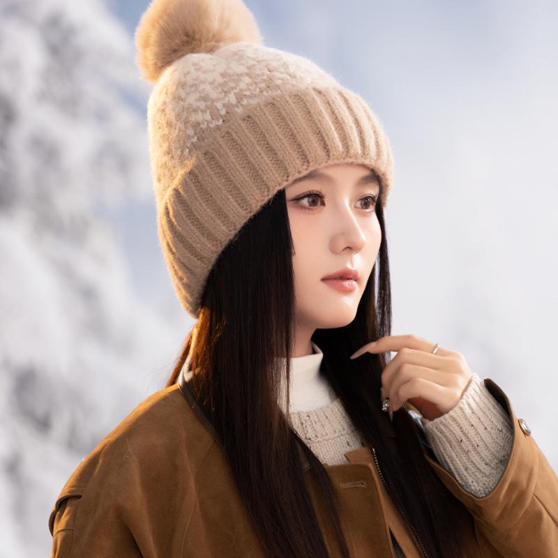 Korean Version of Autumn and Winter Hat for Women with Velvet Rabbit Wool Knitted Hat Wool Ball Cute Wool Hat Ear Protection Warm Pullover Hat