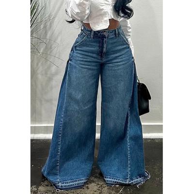 Damen Frühlings-/Sommer-Gewaschene Patchwork-Jeans mit weitem Bein und Schlag: Weiter geschnittene, bodenlange Jeans mit Fransen