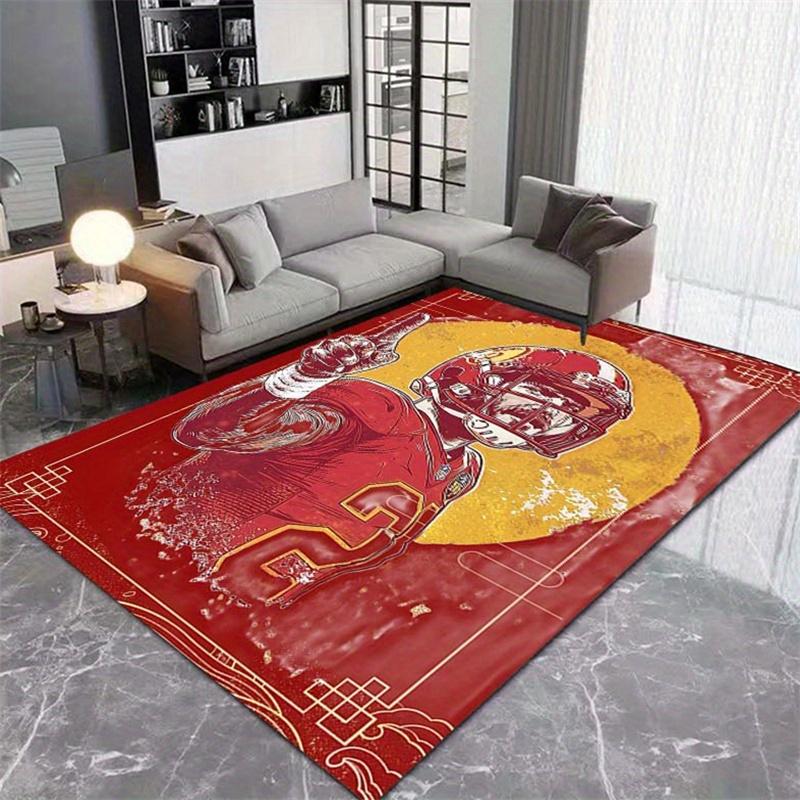 1pc Vibrant Red & Golden Football Helmet Player Design Area Rug - Non-Slip, Polyester, Perfect for Living Room & Office