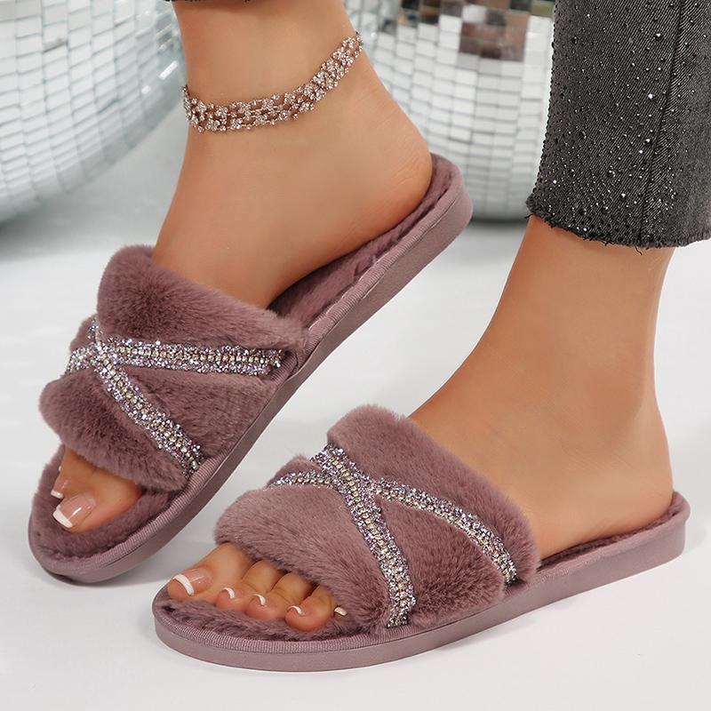 Fashion Elegant Crystal Plush Slippers Women Lightweight Slip On House Cotton Slides for Woman Winter Faux Fur Cotton Slippers Lady