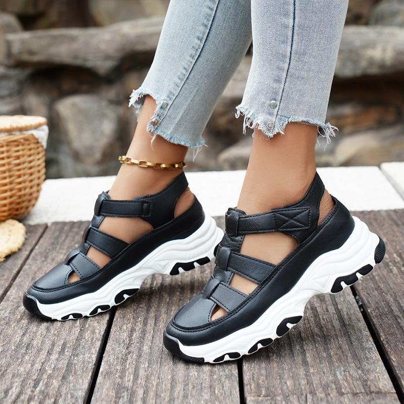 Women's Wide Width Platform Sneakers, Breathable Cutout Wedge Sports Shoes, Velcro Strap Height Increasing Casual Shoes
