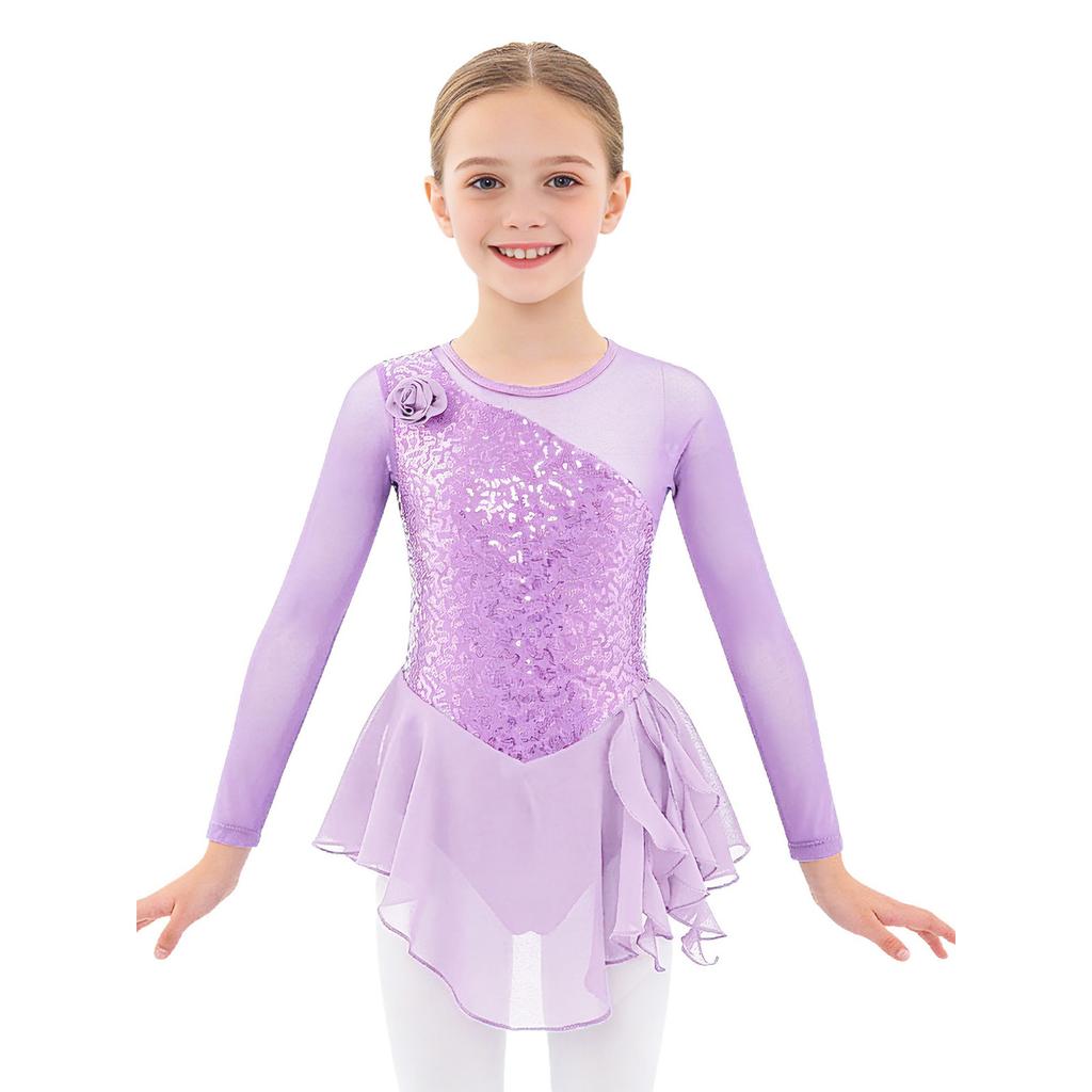 Robe de Danse Fille Manches Longues Col Rond Décoration Sequins Fleur Devant Creux Dos Robe de Performance Élégante