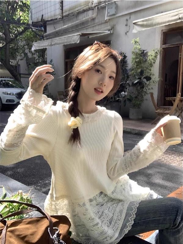 Women's Long-Sleeve Lace T-Shirt: Spring/Autumn Hot Girl Style, Fashionable, Relaxed, and Niche Design