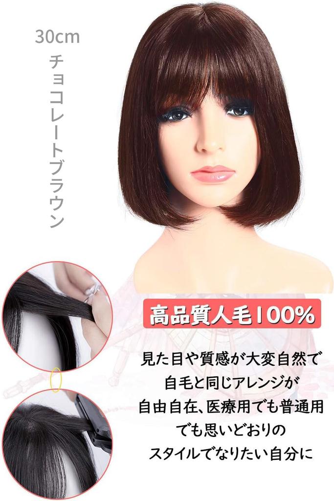 HIYE Full Human Artificial Medical Wig, 100% Hair, Bangs, Whorl, Parting, Skin, Use, Women's Wig, Bob, Hand-planted Wig, Women's (Chocolate Brown,