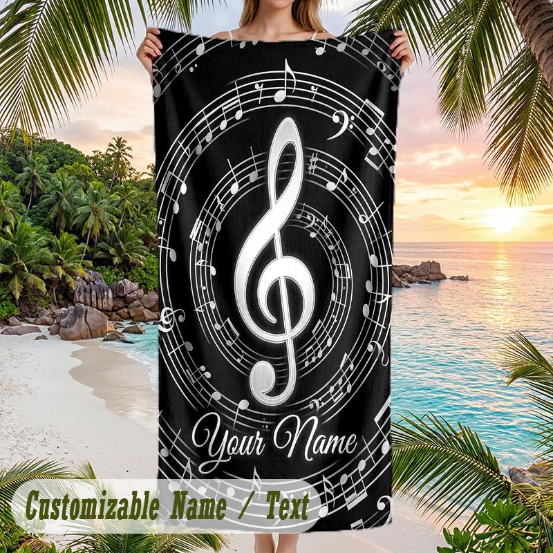 Music Nature Harmony Theme Quick Dry Beach Towel Custom Name Text Print Large Sand Resistant Towel Beach Vacation