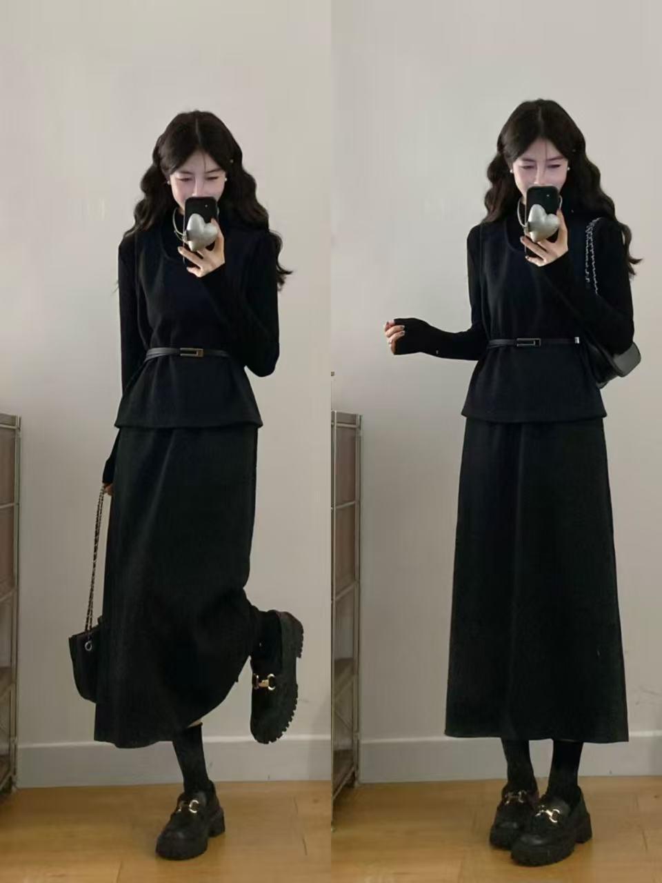 

Plus Size Slimming Base Layer, Wool Vest, & High-Waist Skirt 3-Piece Set for Autumn/Winter XL