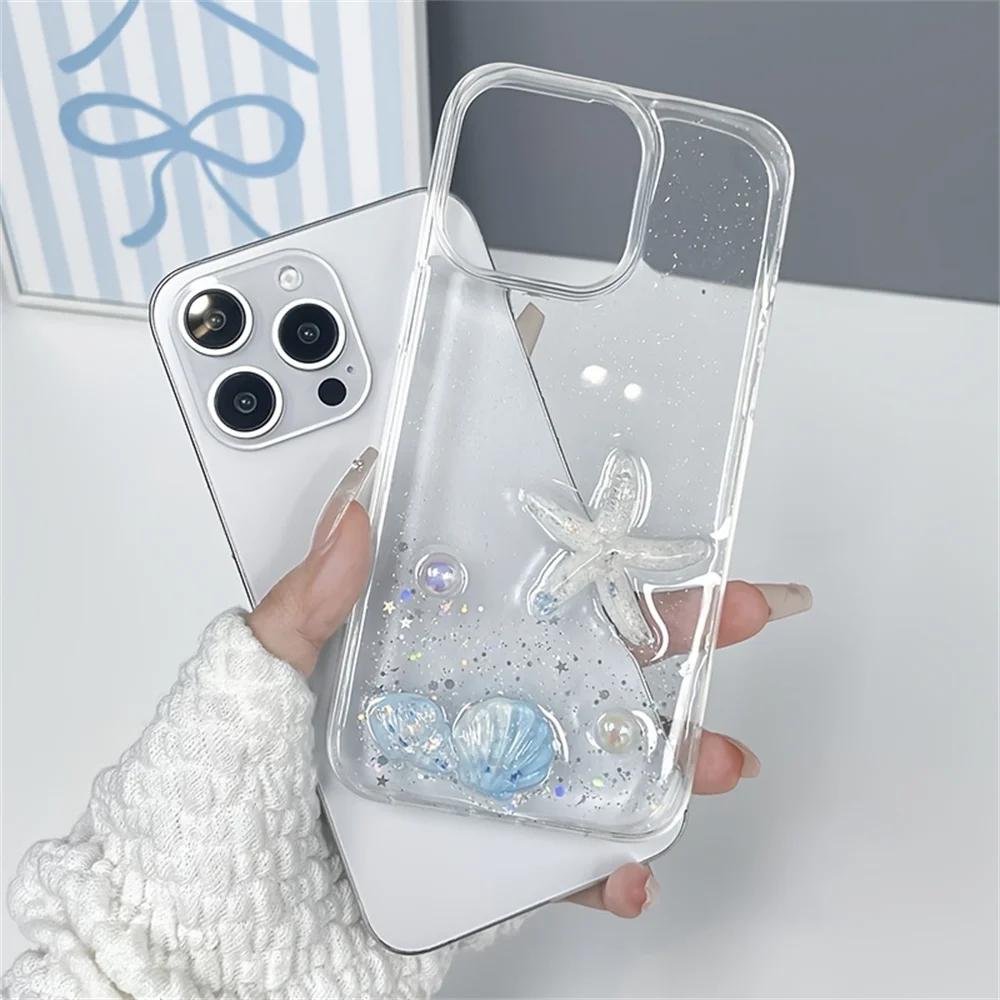 Clear Handmade Glitter Bling Shell Starfish Sequin Phone Case For iPhone 17 Air 16 15 13 12 11 Pro Max 14 Plus XR XS Soft Cover
