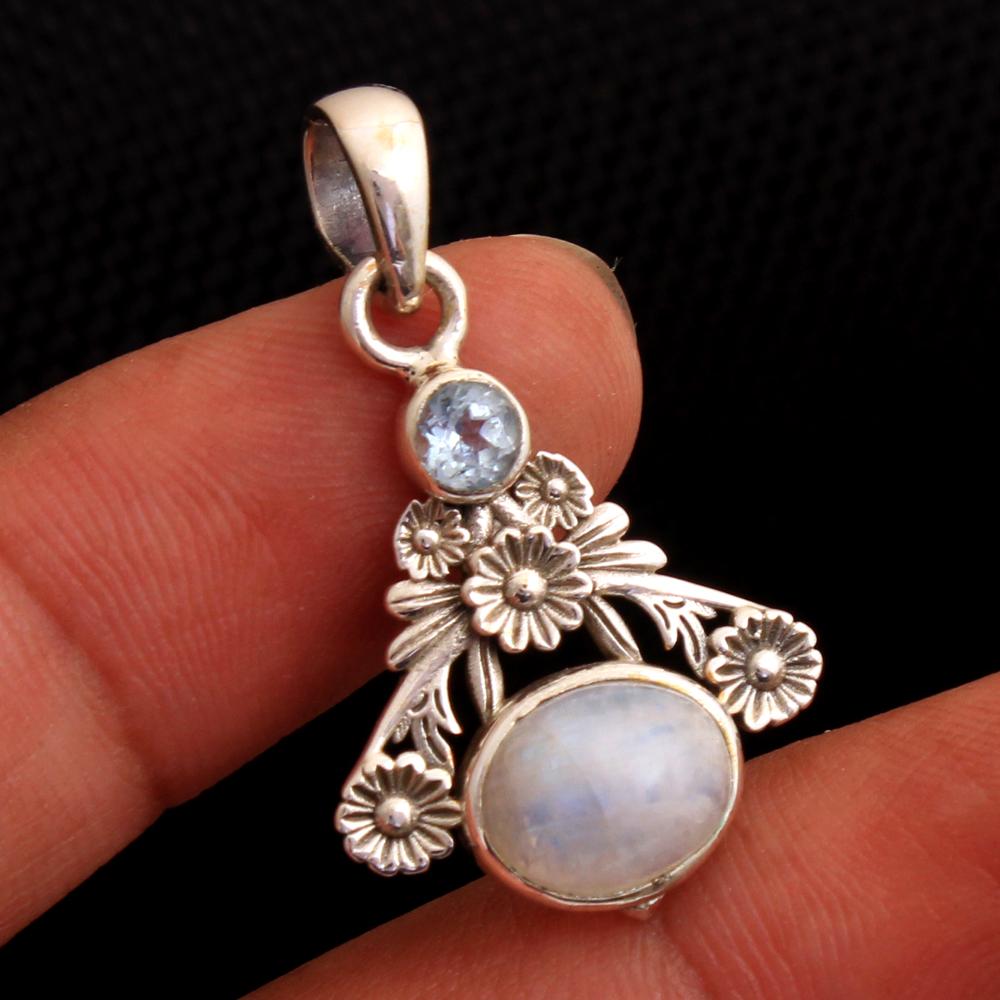Larimar Blue Topaz Rose Quartz Granát Měsíční kámen Dámský přívěsek 925 Sterling Silver Jemné šperky