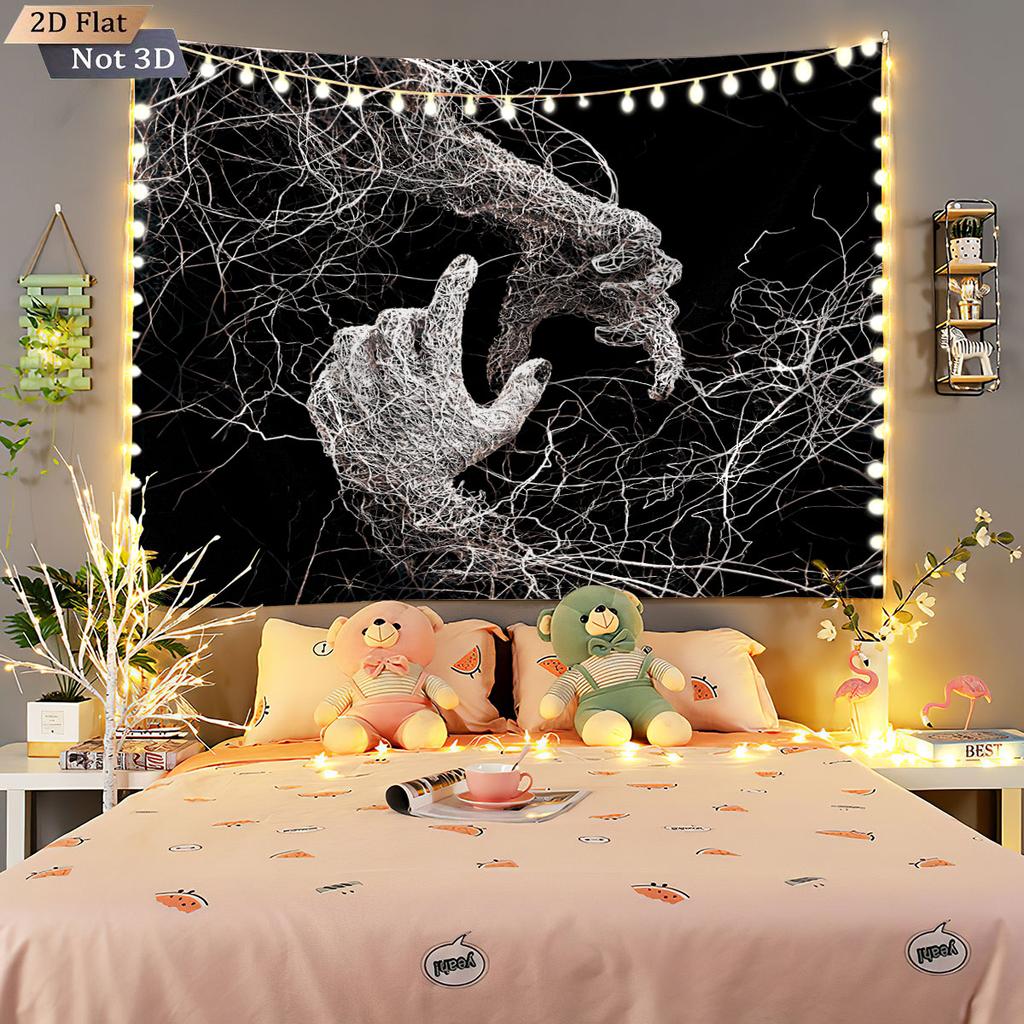 1pc Black And White Line Hand Printed Tapestry, Living Room Wall Art Decoration Background Cloth, Machine Washable Space Pendant