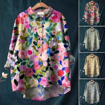Camisa Feminina Gola Lapela 45720 Botões nas Mangas Decote Tops de Camisa Estampa Floral Solta