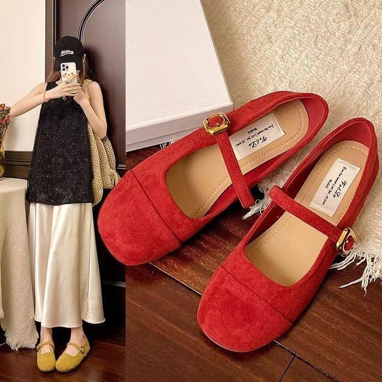 French suede Mary Jane shoes women's 2025 summer new retro soft sole with skirt round head flat bottom one pedal single shoes