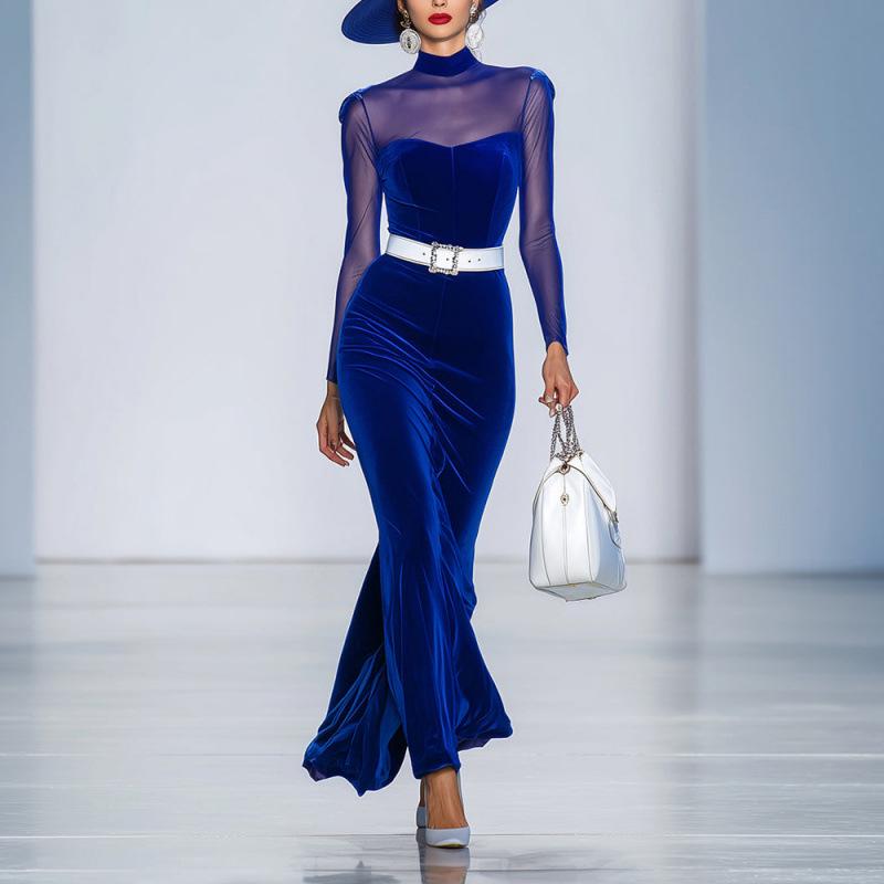 2025 Autumn/Winter European & American Elegant Patchwork Formal Long Dress XXL королевский синий