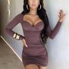 Wholesale European and American Style Hottie Sexy Big Neckline Design Long Sleeve Hip Skirt Tight and Thin Pleated Dress