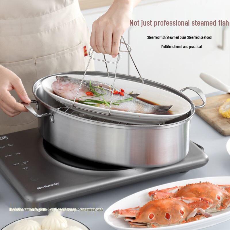304 Stainless Steel Oval Steamer Pot, 38cm, Large Capacity, Induction Compatible, Multifunctional Steamer Basket for Fish.