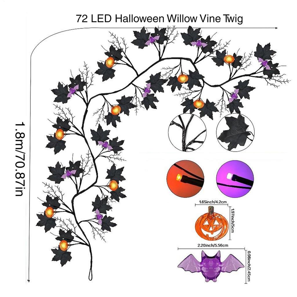 LED Halloween Garland with Orange Pumpkin Willow Vine Twig Bat Lights 8-Modes Battery Operated Waterproof Decorations for Indoor