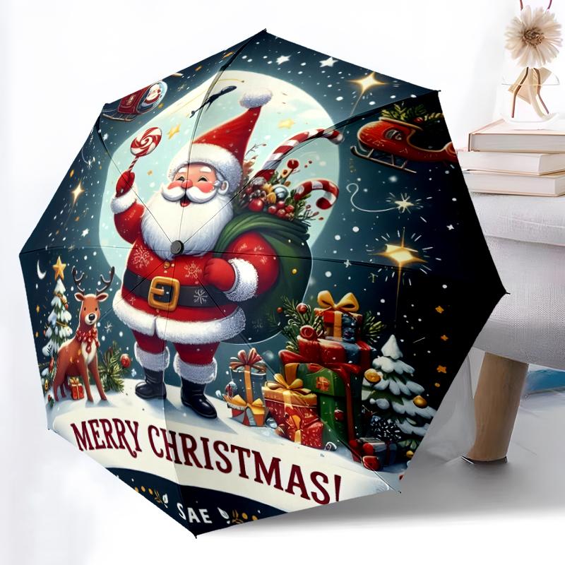 1pc Sturdy 8-Bone Auto Umbrella, Santa Claus and Reindeer Umbrella, Digital Printed, Foldable Umbrella for On-the-Go Outdoor Use