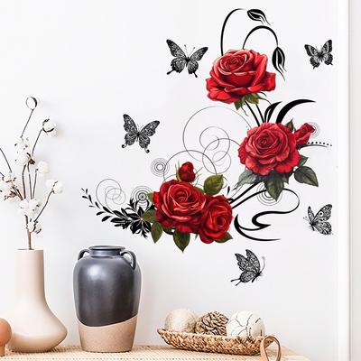 Sticker Mural Auto-adhésif Imperméable Amovible Rose Grimpante Papillon pour Salon Chambre Décoration de Maison