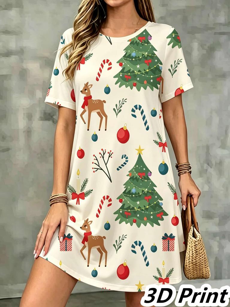 Moda 3D Baskılı Yazlık Elbise Bol Günlük Kısa Kollu O-Yaka Mini Elbise