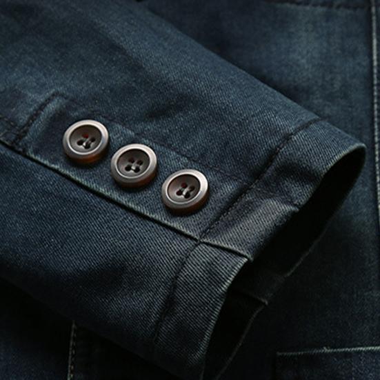 Herbst-Denim-Blazer Unifarben Revers Kragen Einreiher Schmale Passform Taschen