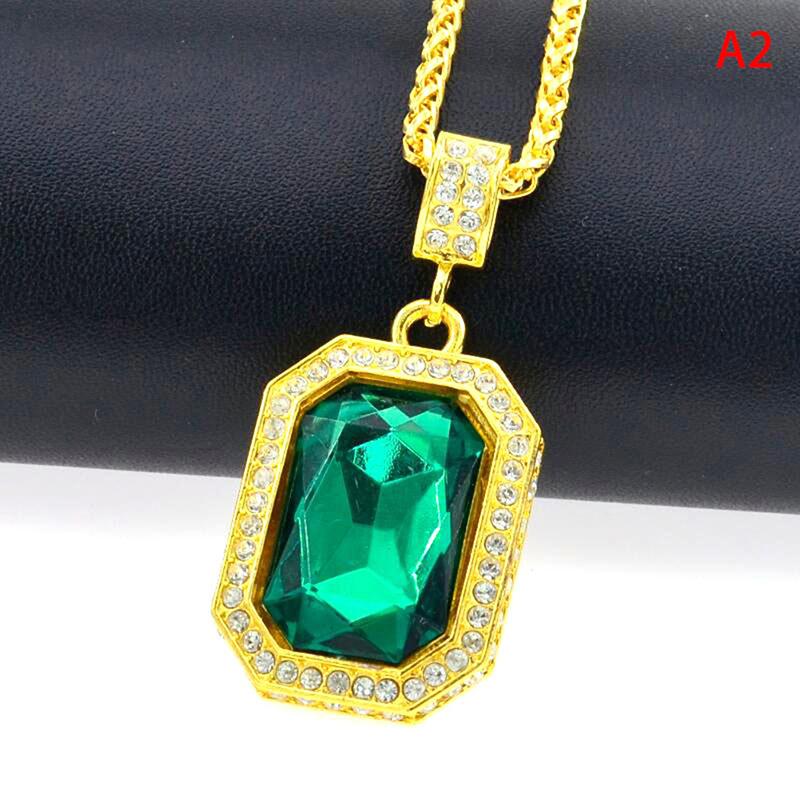 Inlaid Diamond Square Ruby Necklace Hip Hop Men'S Pendant Red Stone Pendant Vintage Jewelry Costume Accessories