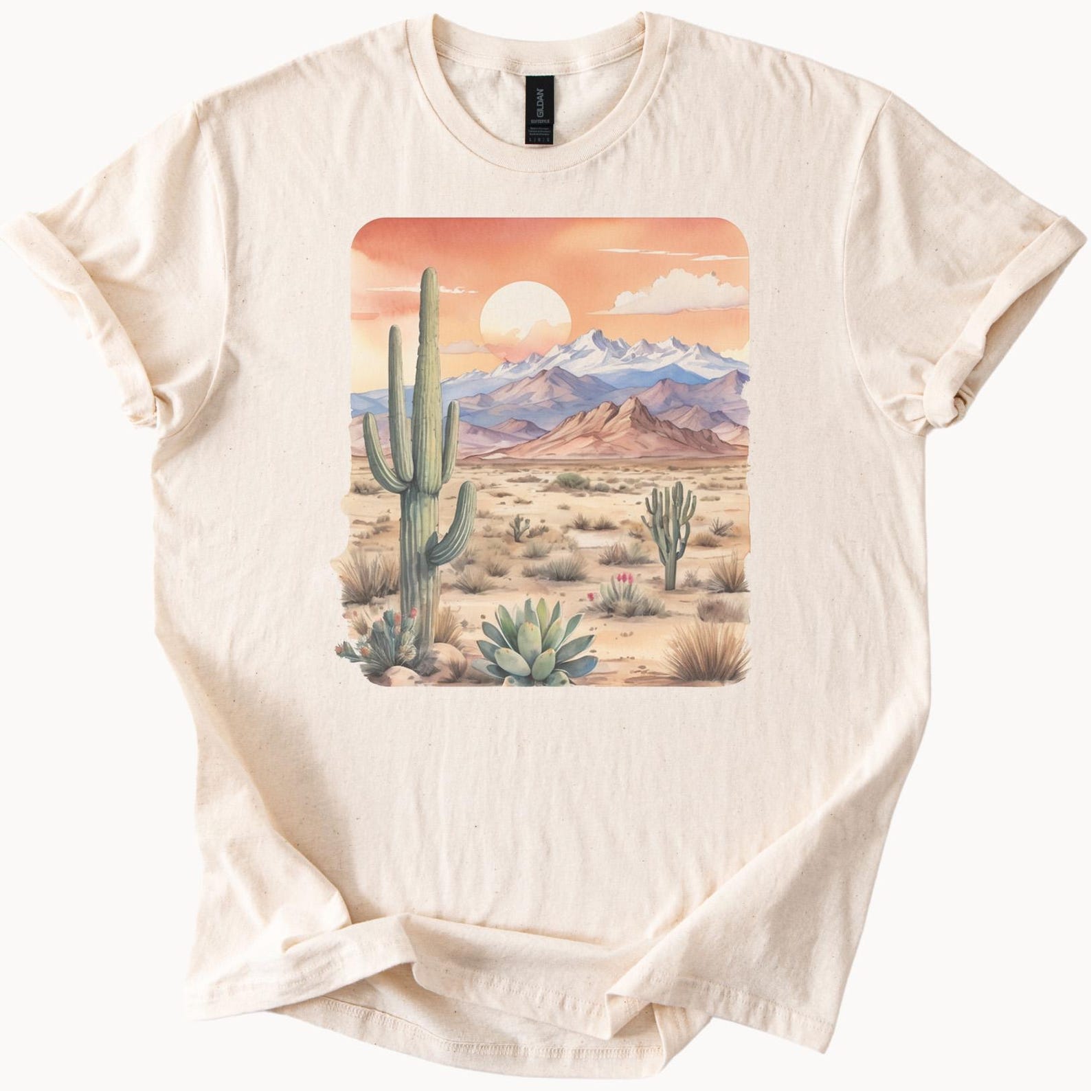 Desert cactus sunset mountain landscape graphic tee with agave and saguaro art on natural soft cotton shirt southwestern scene 140