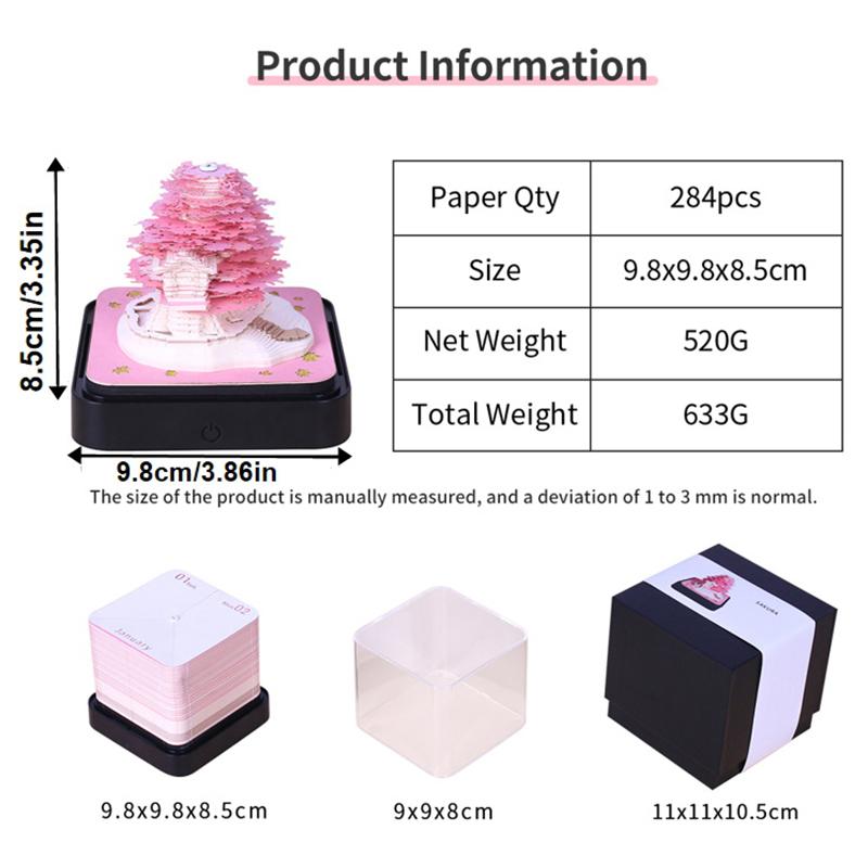 Time Piece Calendar 2026 Desk Calendar With Led Light 3D Tear-Away Calendar Paper Carving Art Memo Pad Notepad Gift Christmas