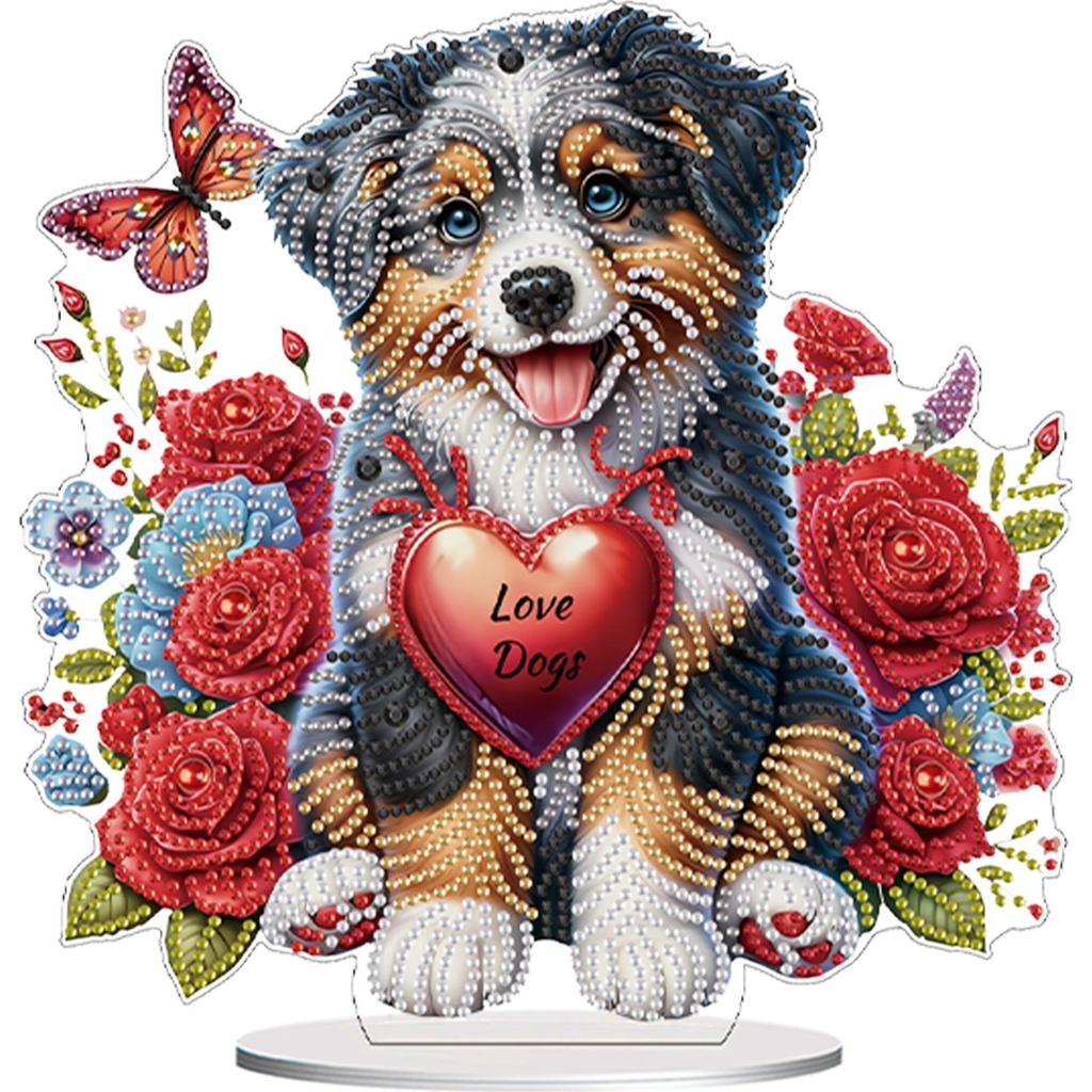 5D DIY Diamantkunst Tischdekorationen Acryl Sonderform Hund und Rote Rose Strasssteine Schreibtischornamente Schlafzimmer Tischdeko