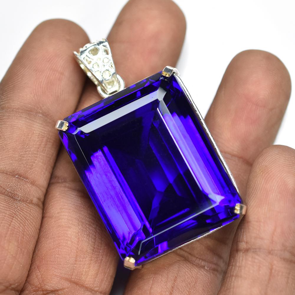 Lab Created 159 Ct CERTIFIED Emerald 925 Sterling Silver Blue Sapphire Pendant AI-96-NS