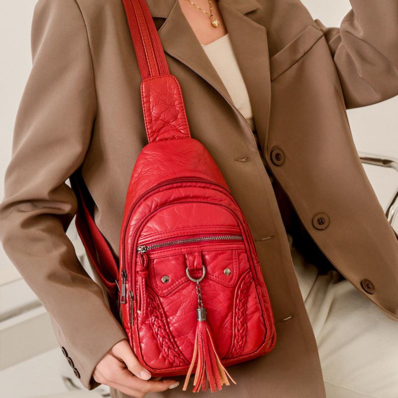 Retro Chest Bag for Women Soft Leather Crossbody Bag Casual Waist Bag Travel Shoudler Bag Sport Anti-theft Pack