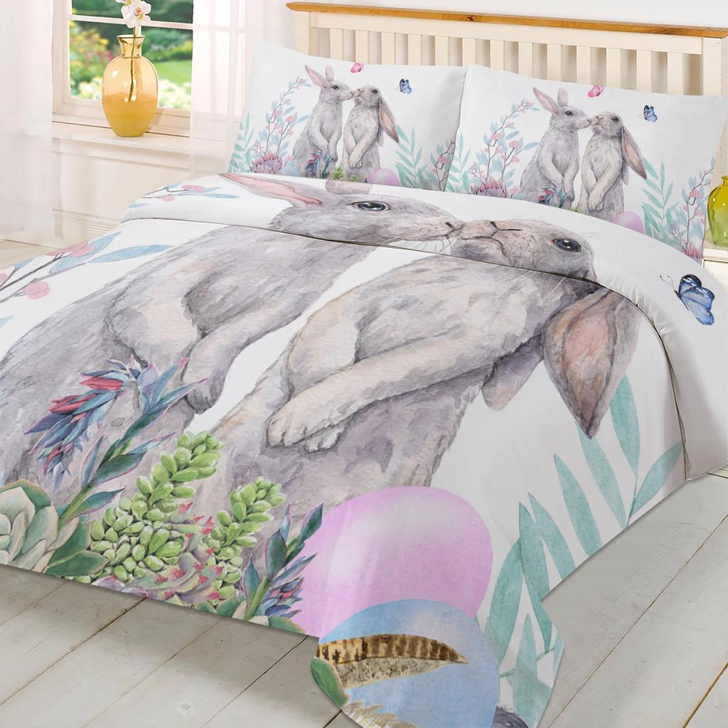 Vibrant Warm Double Quilt Easter Bunny Flower Butterfly Watercolor Rabbit 3pcs For Bed Home Textile