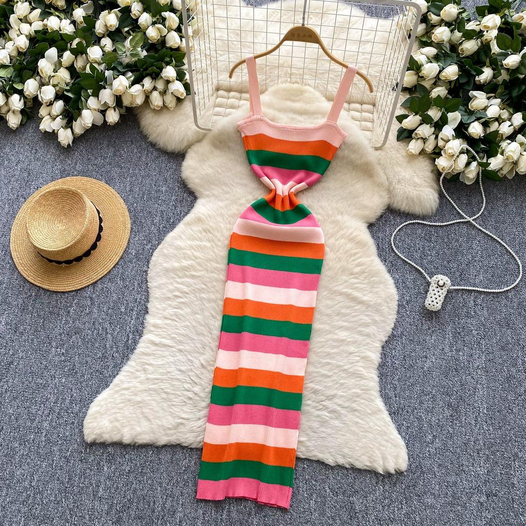 Summer Women Casual Spaghetti Strap Striped Knitted Sheath Sweater Dresses