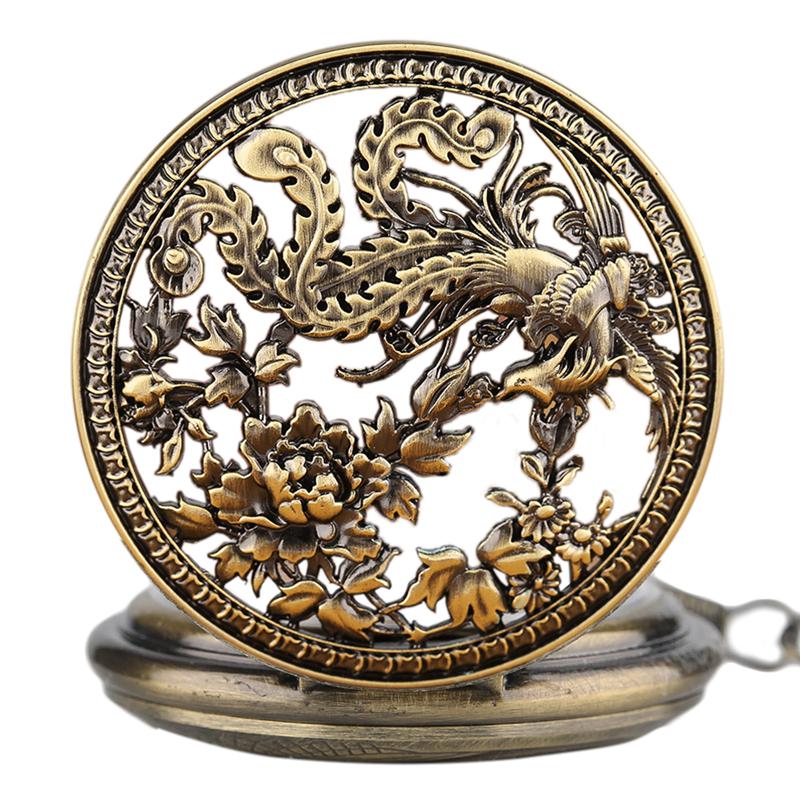 Beautiful Phoenix Mechanical Pocket Watch Charm Lucky Pendant Flower Carving Auto Watches Men Women Unisex Vintage Special Gifts