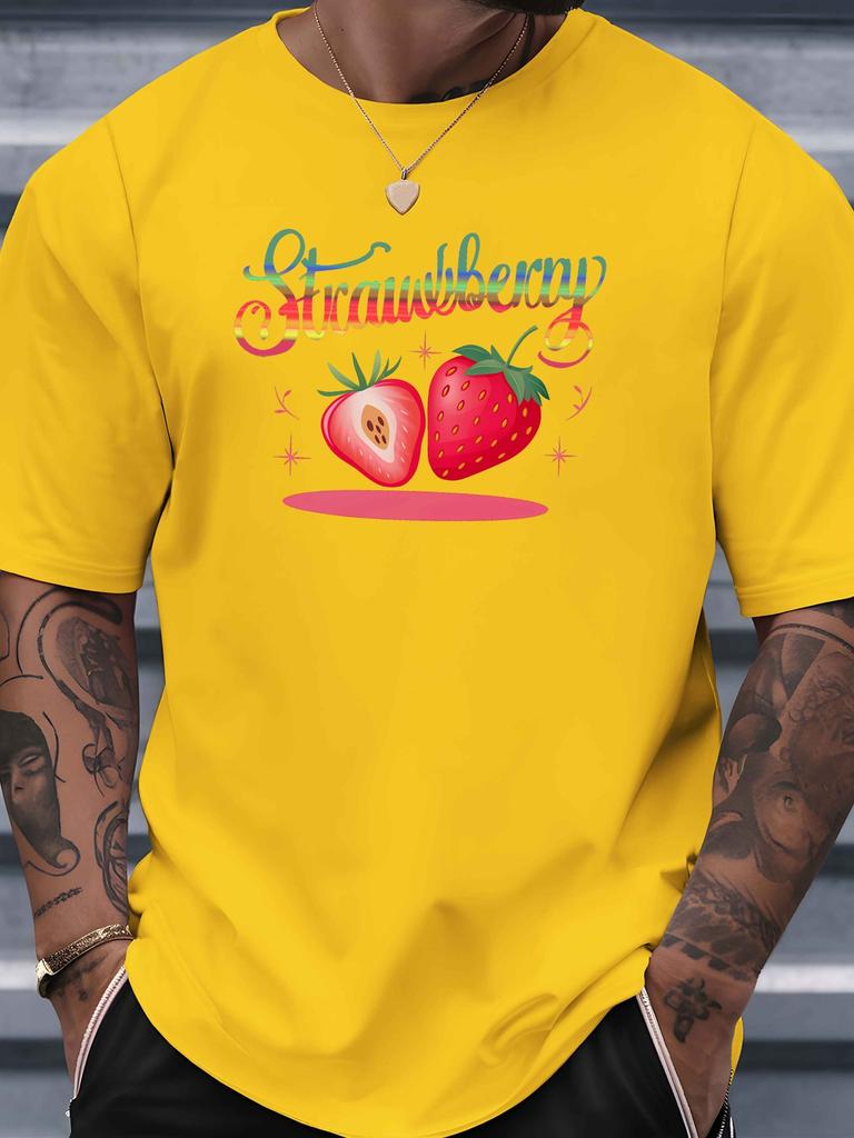 Cute Fruit Unisexs Crew Neck Cotton T Shirt Rainbow Script Strawberry Cartoon Berry Print Short Sleeve Casual Street Fashion Top