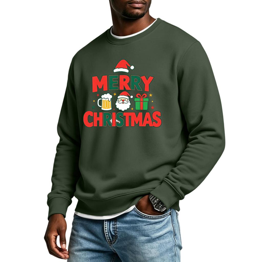 Men's Loose Fit Casual Neck Long Sleeve Christmas Print Top for Holiday Celebrations
