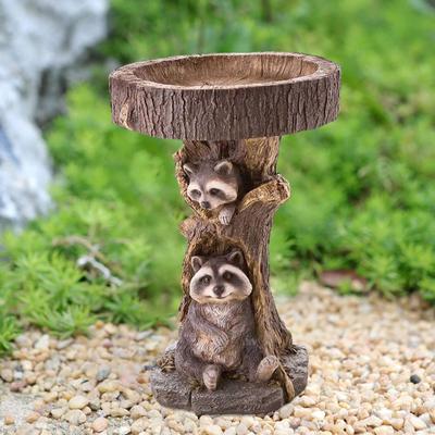 Garden Bird Bath Bowl, Raccoon Statue Figurine Lawn Backyard Resin Feeder Animal Sculpture for