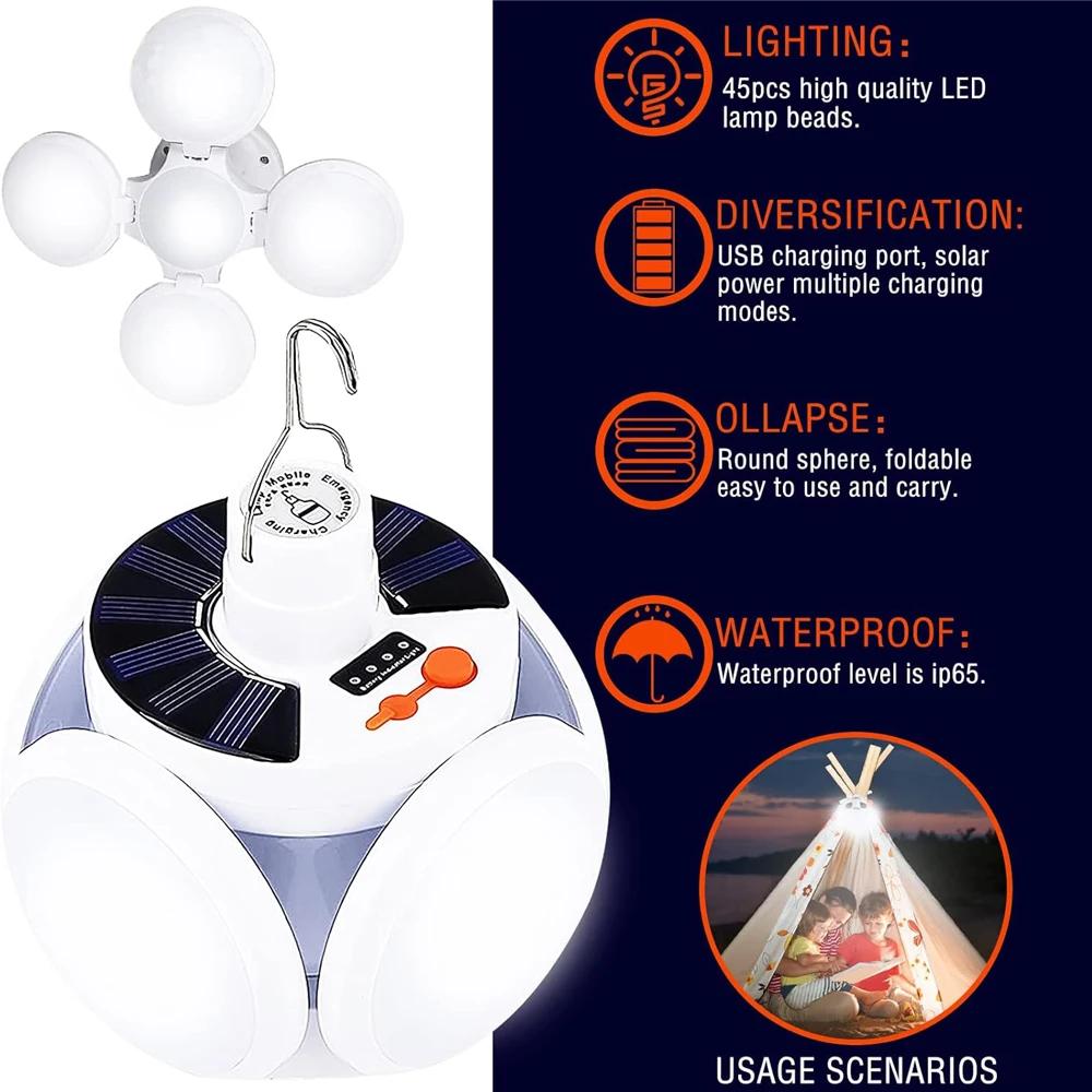 Solar Camping Lantern Portable Tent Lamp Folding LED Football Bulbs Rechargeable USB Camping Light for Home Office Tent Car Lamp