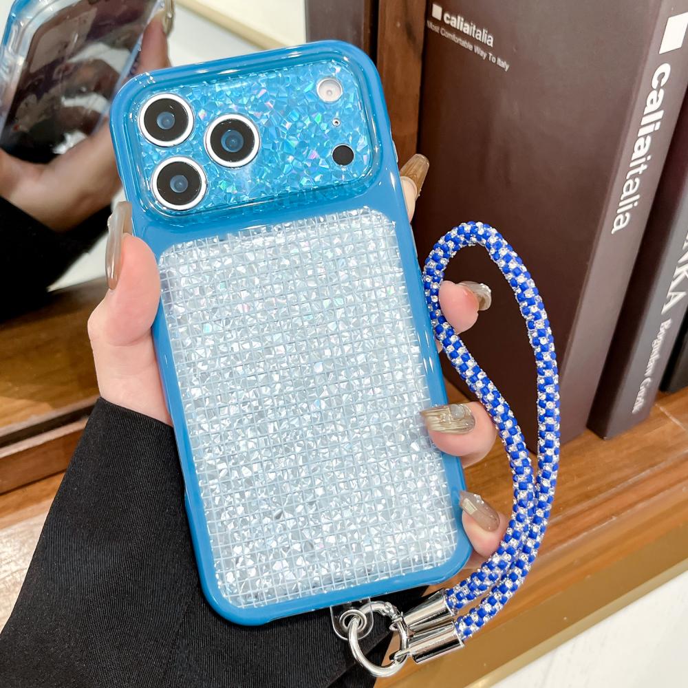 Glitter Diamond Grid Pattern Phone Case For iPhone 17 16 15 18 Pro Max Camera Protection Shockproof Anti-Fall Cover with Bracelet