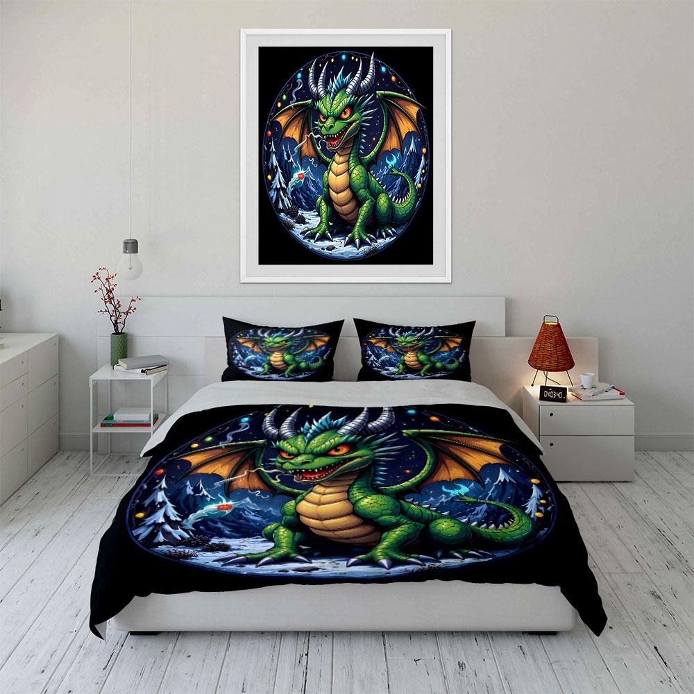 3Pcs Green Dragon With Snowy Night Duvet Cover Set With 3D Printing Design Soft Polyester Bedding Set All-Season Comfort