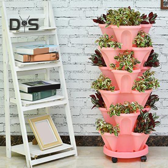 6 Tier Stackable Vertical Planter Stacking Tower Indoor Outdoor Gardening Planter with Movable Casters And Bottom Saucer for Strawberry Herb Flower