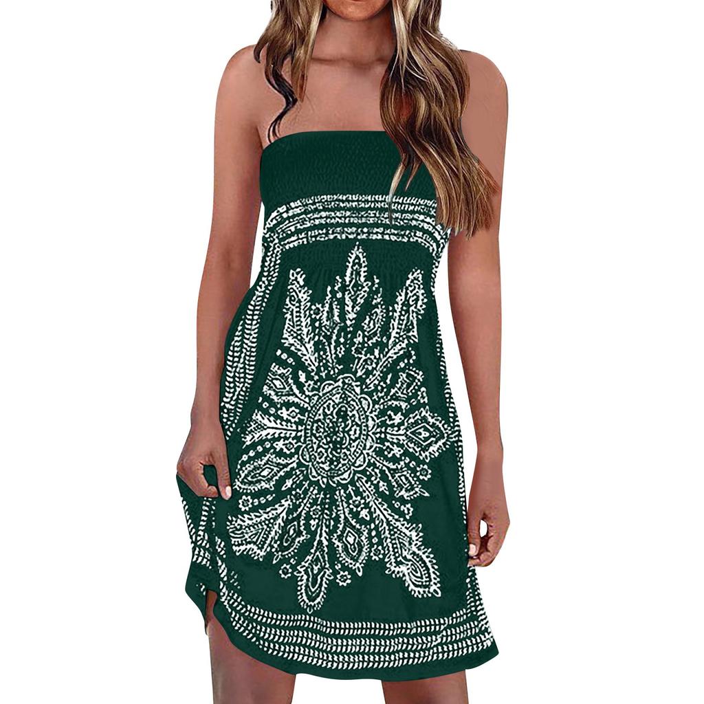Women's Summer Sexy Strapless Sleeveless  Boho Print Ruched Beach Dress