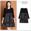 Autumn Winter Women's Sweater Dress Knitted Patchwork PU Leather A-Line Dress Plus Size Knitted Dress