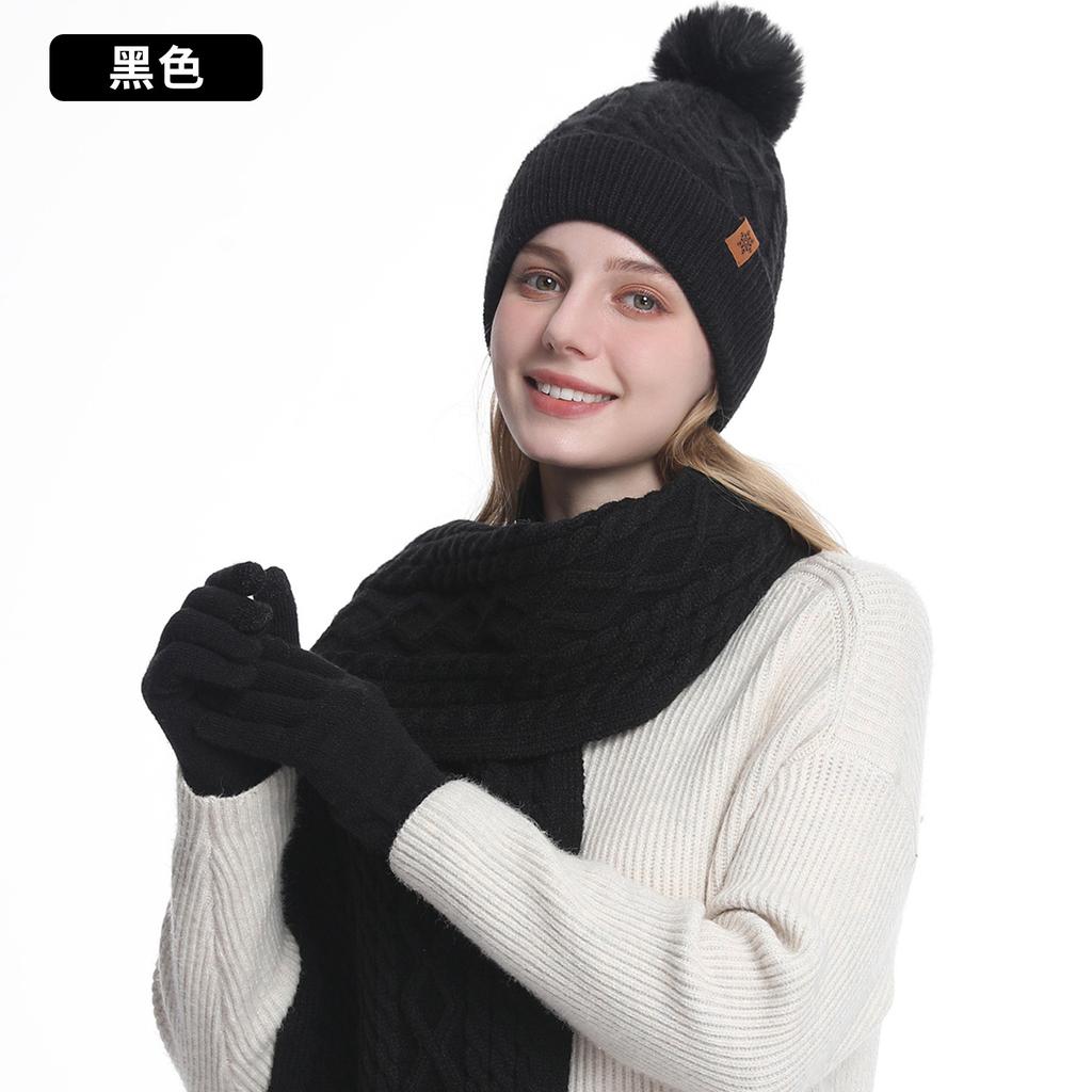 Knitted hat, scarf, gloves, three-piece set, women's winter velvet, warm outdoor riding, ear protection, wool, knitted hat