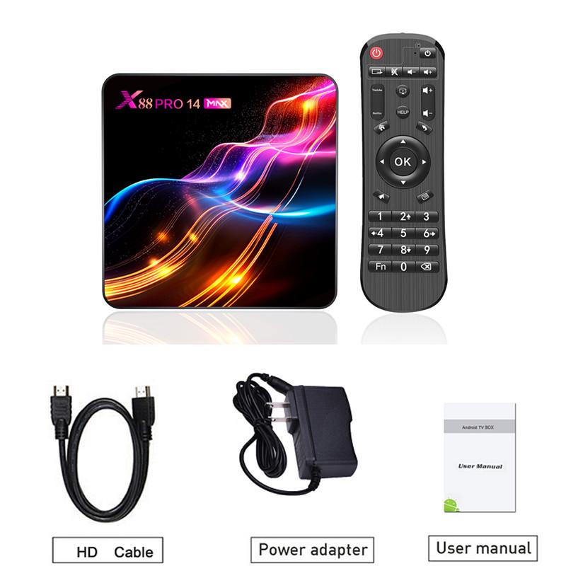X88 Pro 14 Max Android TV Box: Android 13, RK3528, 4GB RAM, 32GB Storage, Dual Wi-Fi, Bluetooth.