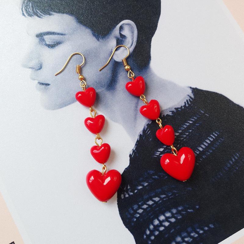 Korean Style Long Tassel Earrings Red Lovely Heart Drop Earrings Women Valentine's Day Festival Birthday New Year Gift