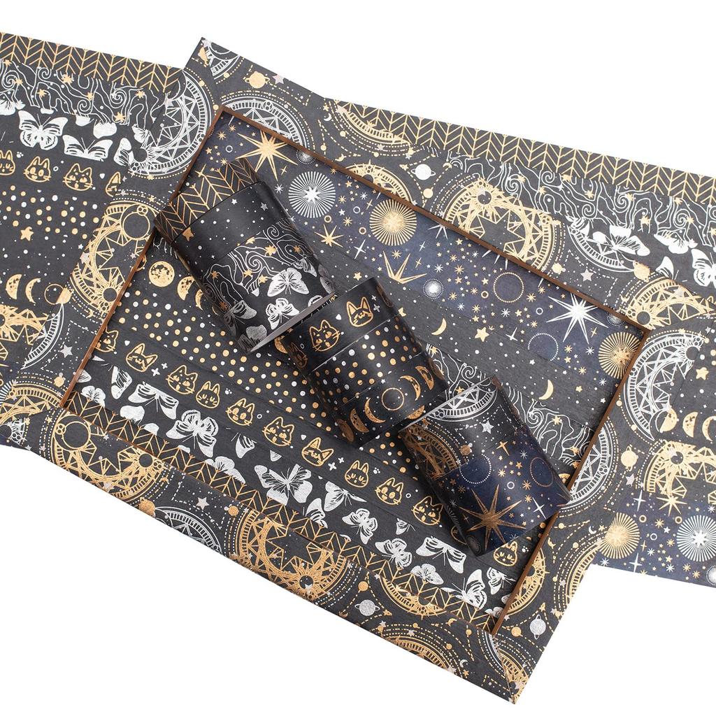 YUBBAEX 9 Rolls of Mysterious Space Masking Foil Super Perfect for Gift DIY and Notebook Decor Tape, Wide, Silver/Gold Stamping, Cute, Thin, Wrapping,