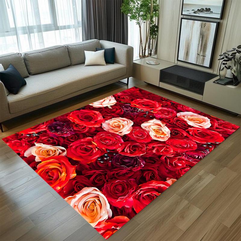 Realistic Red Rose Carpet Mat Rug Home Decoration Living Room Bedroom Floor Decor Romantic Floral Non Slip Rugs