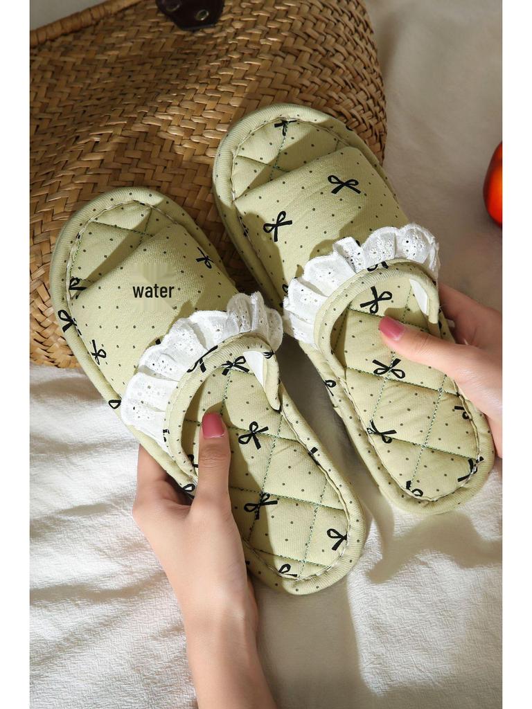 Korean Style Handmade Cotton Bow Soft Sole Indoor Slippers