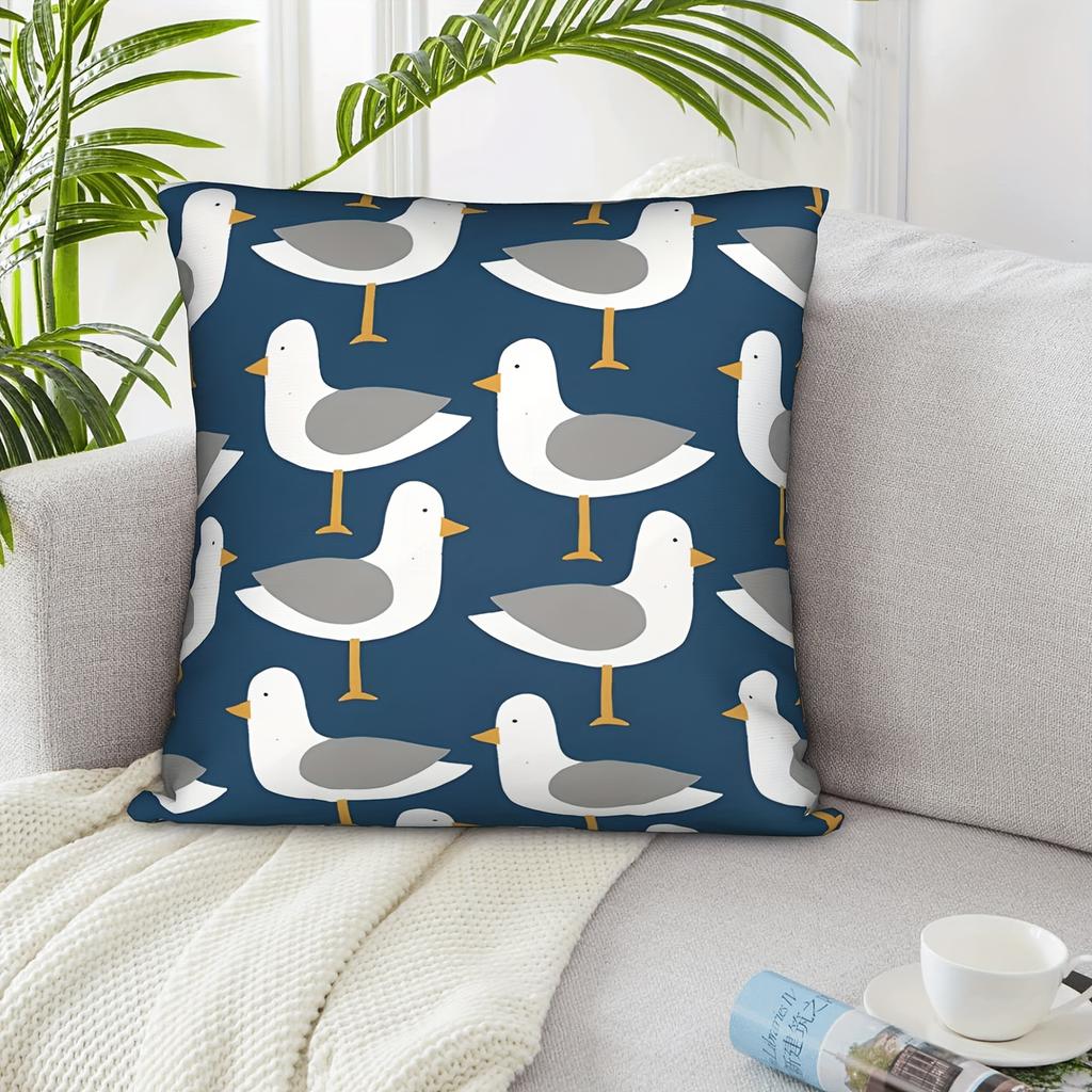 Küstenseemöwen-Print Kissenbezug Marineblau Niedliches Vogelmuster Kissenhülle Für Nautische Strandhaus-Dekoration Sofa